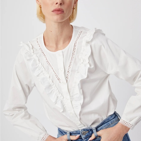 NWT The Shirt Rochelle Behrens Lindsay White Eyelet Button Shirt Poplin Lace L - Picture 3 of 14